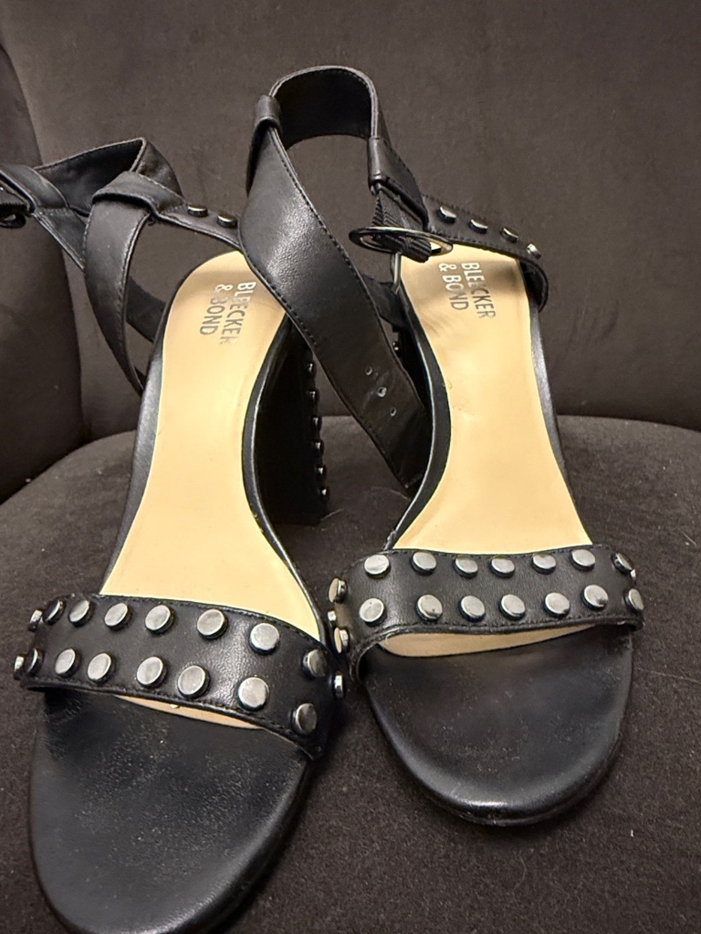 Bleecker & Bond Black Studded Leather Block Heel Sandals
